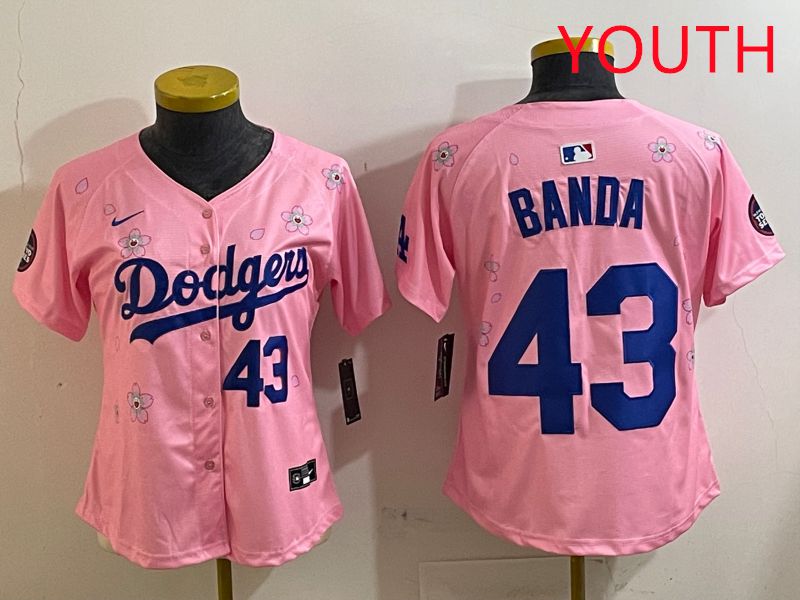 Youth Los Angeles Dodgers #43 Banda Pink White Blue Sakura Edition 2025 Nike MLB Jersey style 2